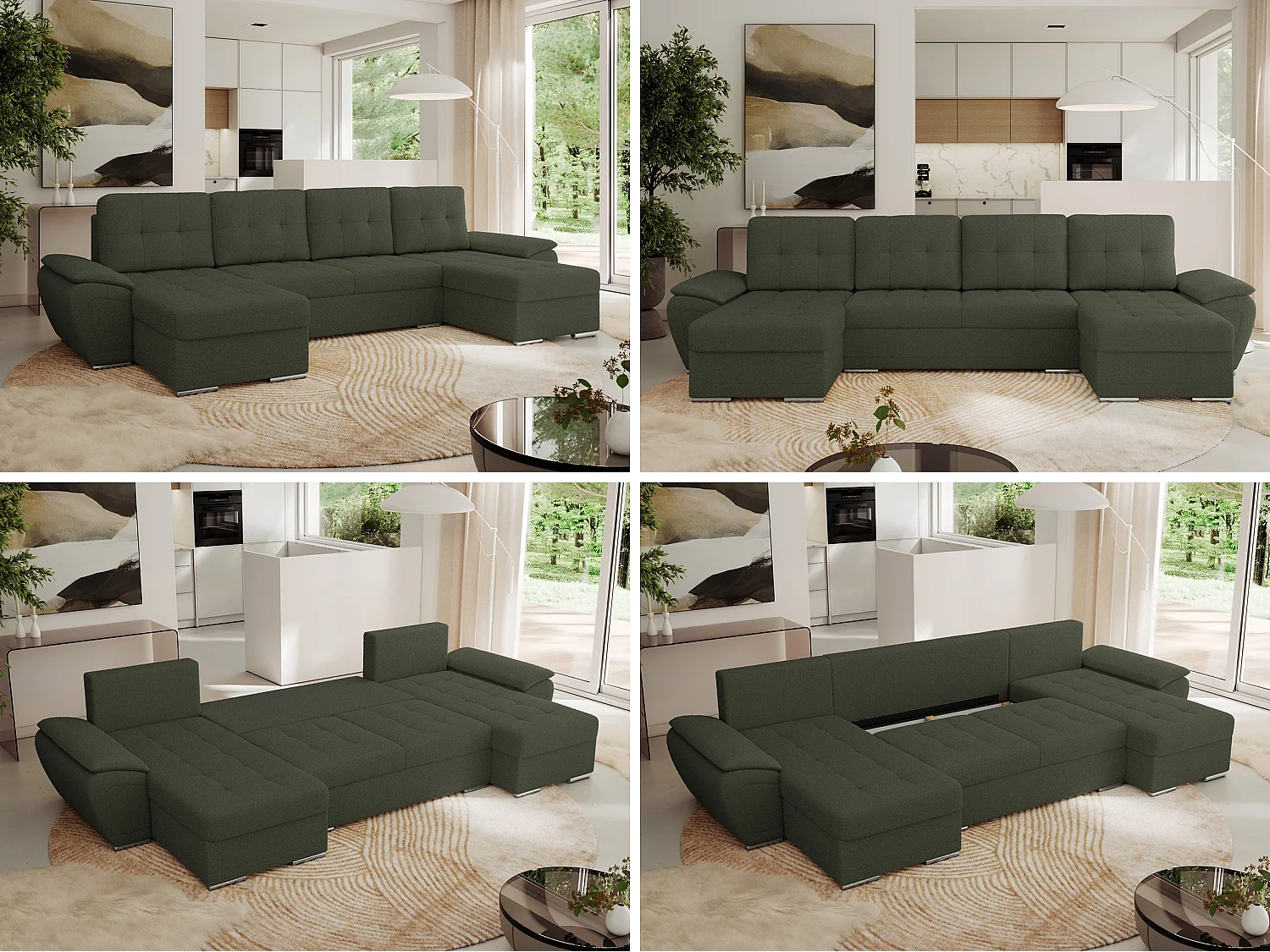 Ecksofa UMBRIA U - XXL Wohnlandschaft, mit Schlaffunktion und Bettkasten, genähte Ecke - Grün Boucle