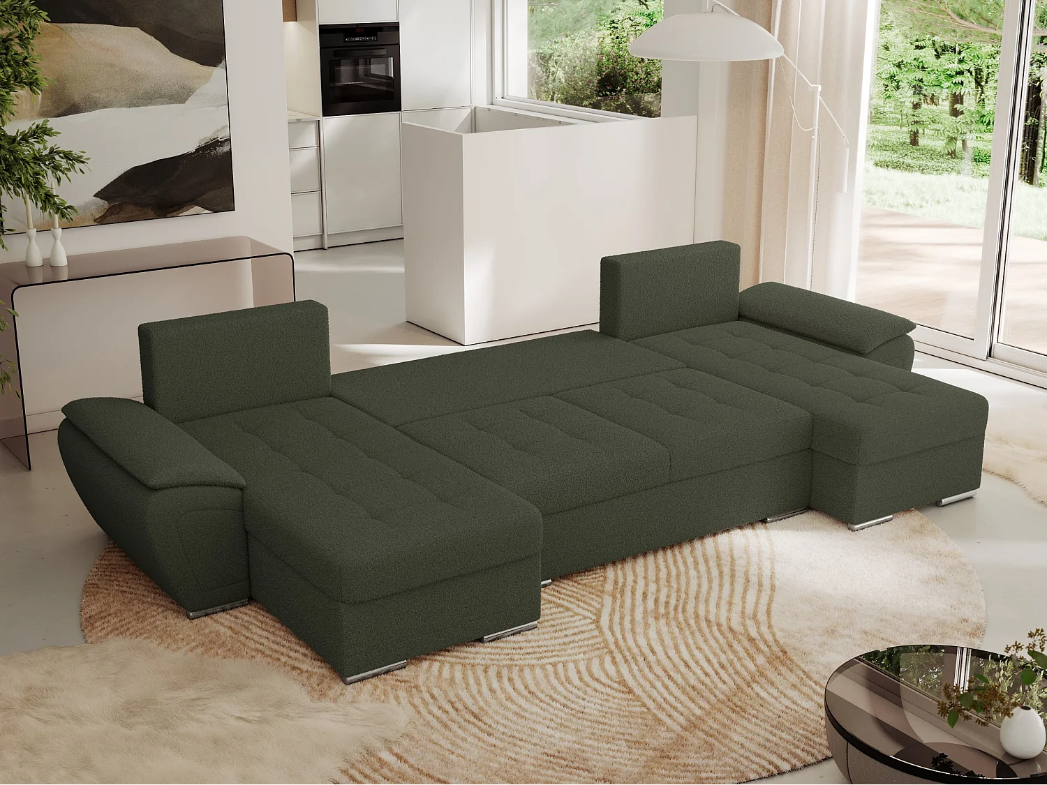 Ecksofa UMBRIA U - XXL Wohnlandschaft, mit Schlaffunktion und Bettkasten, genähte Ecke - Grün Boucle