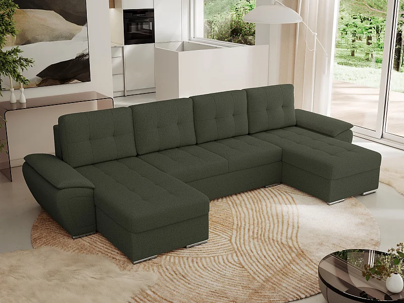 Ecksofa UMBRIA U - XXL Wohnlandschaft, mit Schlaffunktion und Bettkasten, genähte Ecke - Grün Boucle