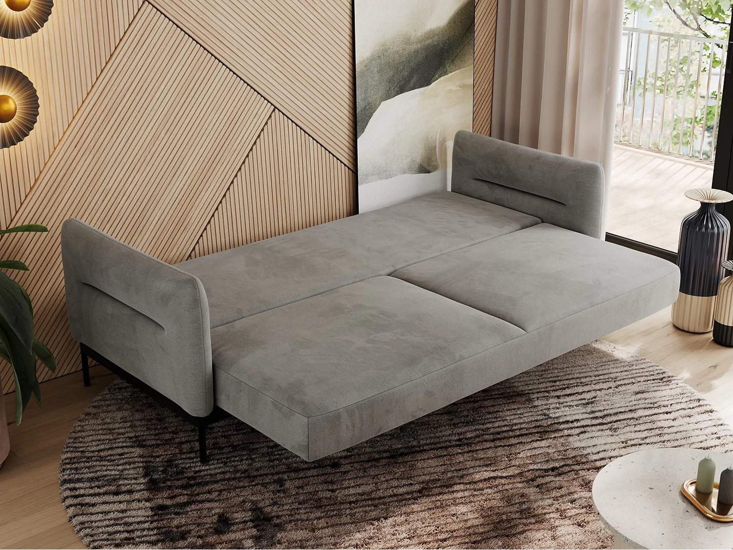 Sofa SALENTO - 3-Sitzer mit Metallbeine, mobile Kopfstütze, Schlafsofa mit lose Kissen - Hellgrau Velvet