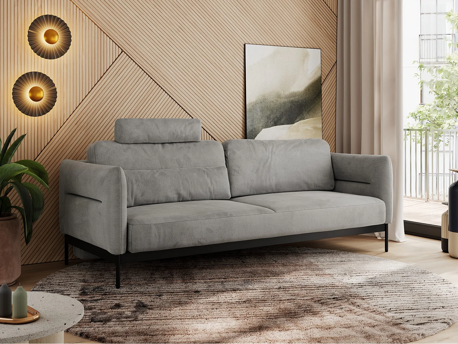 Sofa SALENTO - 3-Sitzer mit Metallbeine, mobile Kopfstütze, Schlafsofa mit lose Kissen - Hellgrau Velvet