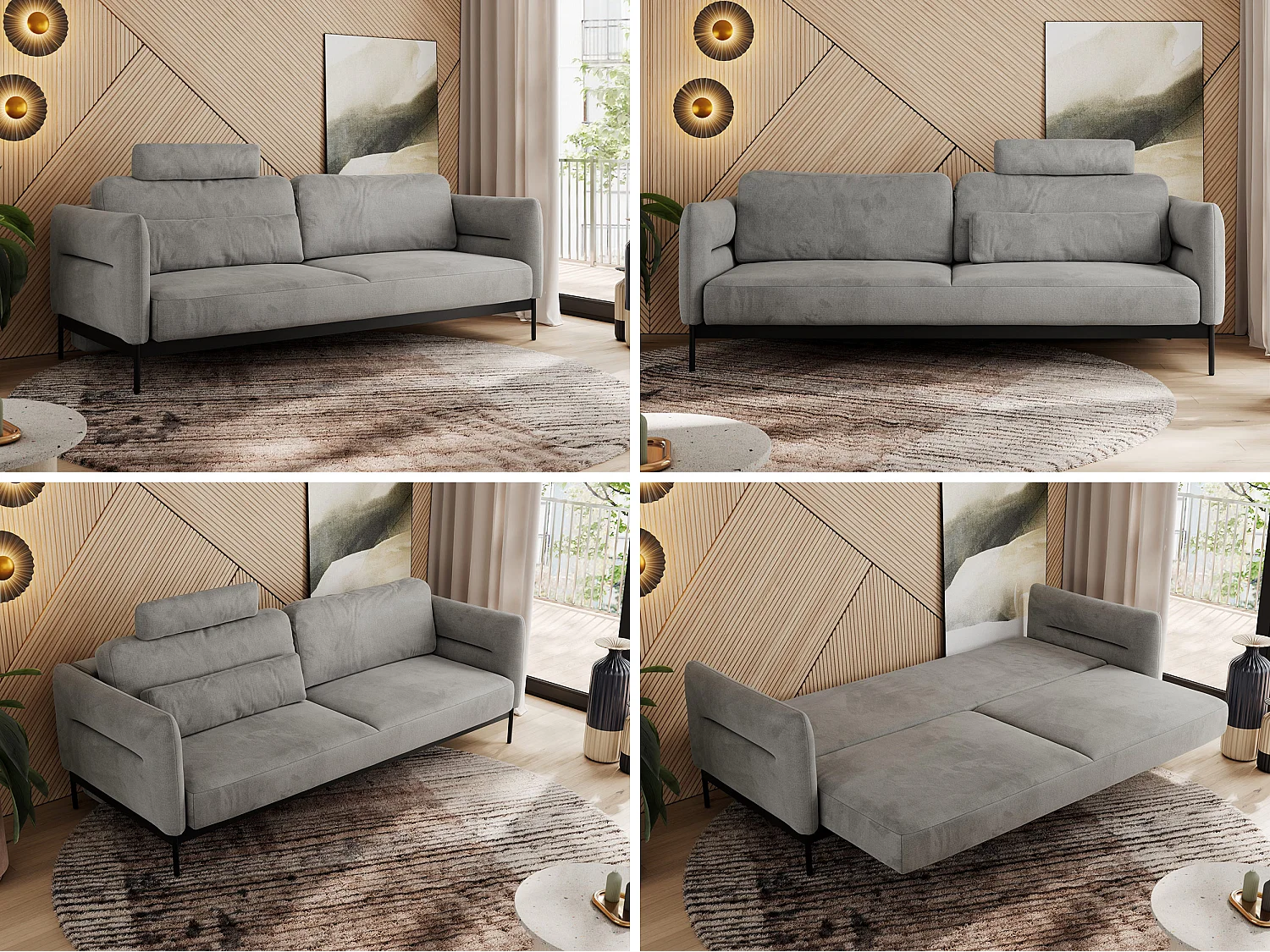 Sofa SALENTO - 3-Sitzer mit Metallbeine, mobile Kopfstütze, Schlafsofa mit lose Kissen - Hellgrau Velvet