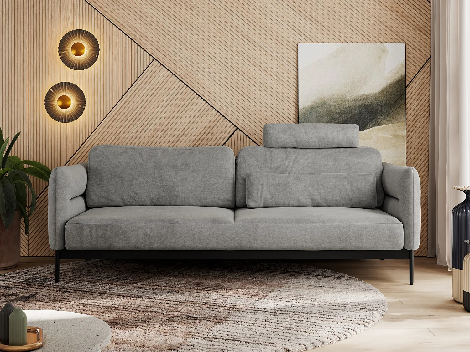 Sofa SALENTO - 3-Sitzer mit Metallbeine, mobile Kopfstütze, Schlafsofa mit lose Kissen - Hellgrau Velvet