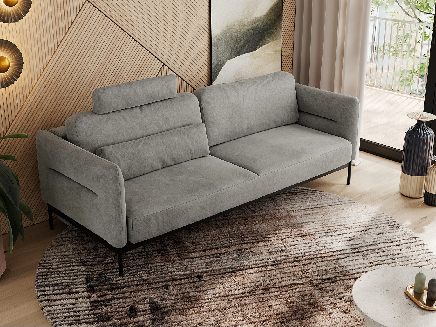 Sofa SALENTO - 3-Sitzer mit Metallbeine, mobile Kopfstütze, Schlafsofa mit lose Kissen - Hellgrau Velvet