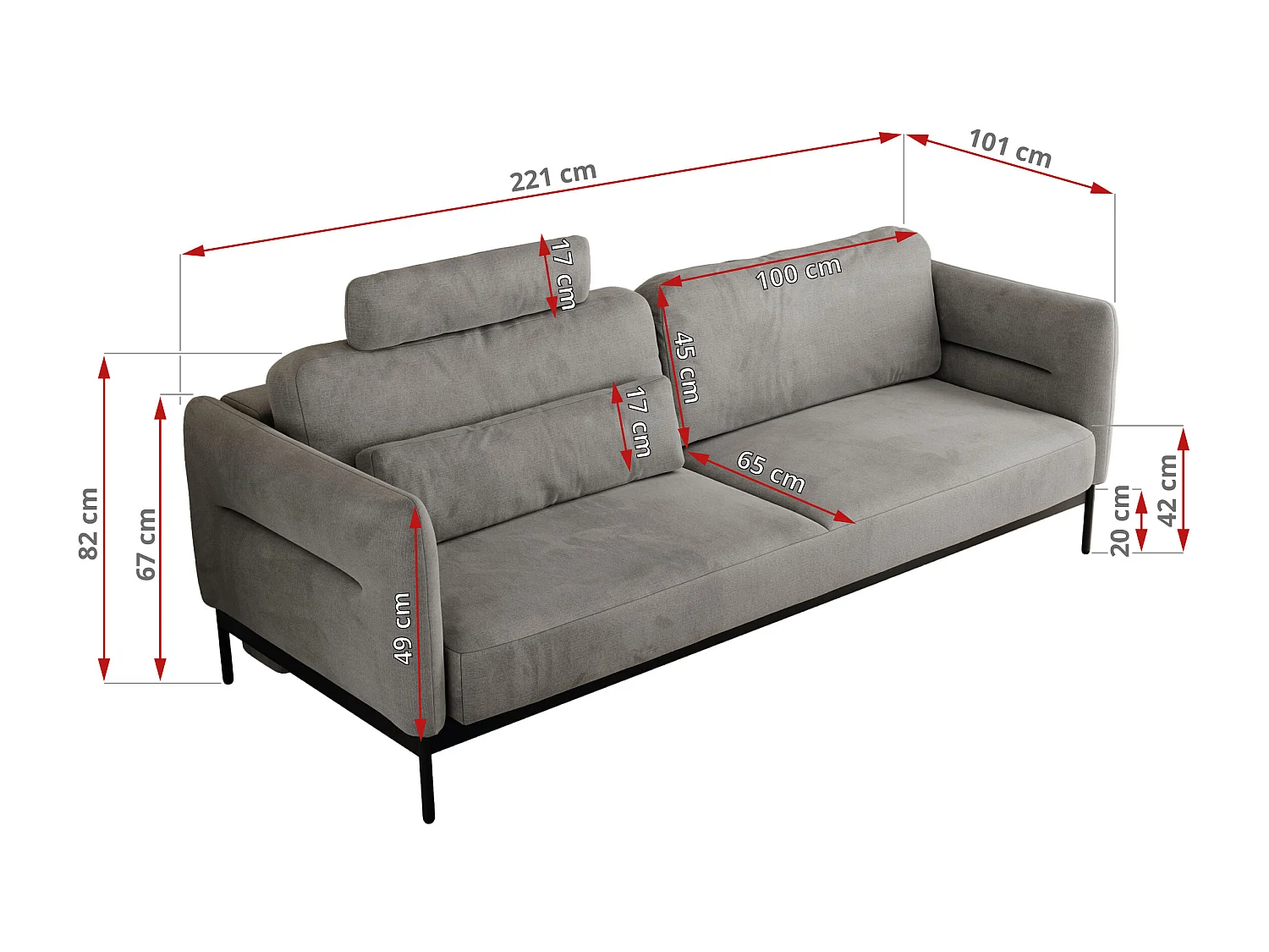 Sofa SALENTO - 3-Sitzer mit Metallbeine, mobile Kopfstütze, Schlafsofa mit lose Kissen - Hellgrau Velvet