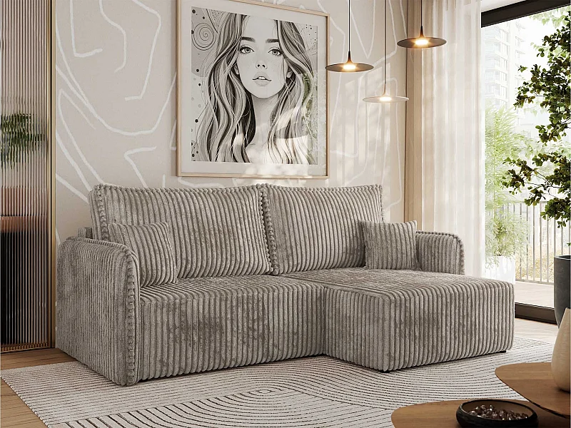 Ecksofa MESTO - Schlaffunktion und Bettkasten, L-form Couch für das Wohnzimmer, Armlehnen - Hellbraun Cord - Ecke Rechts