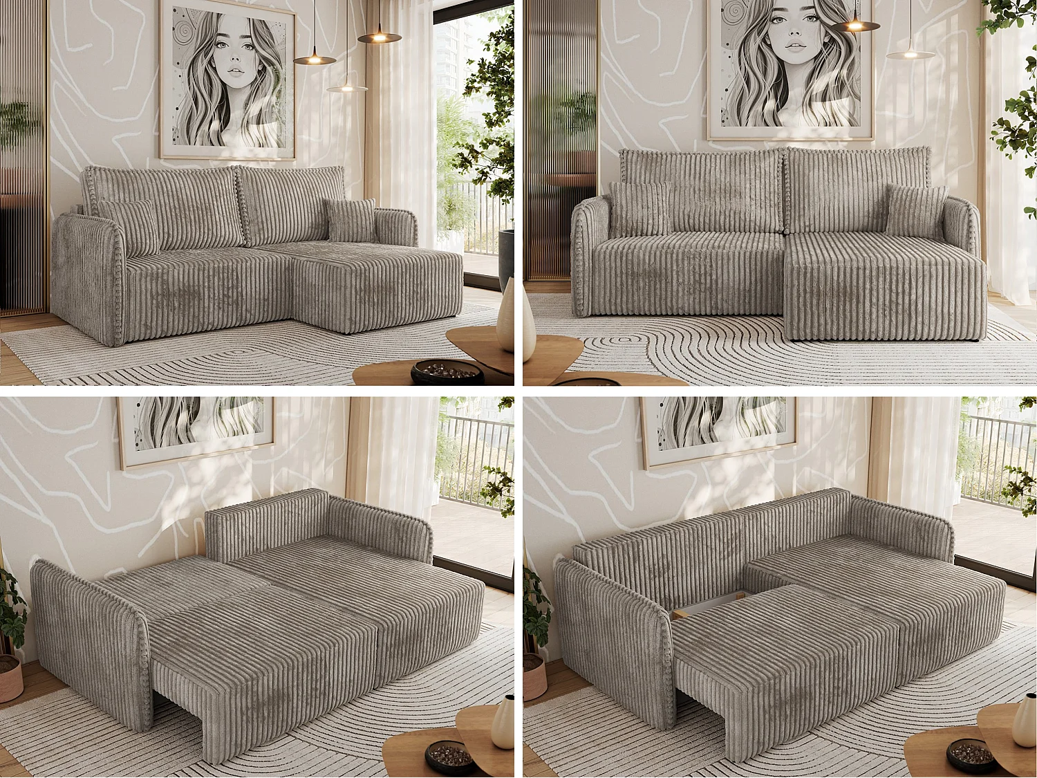 Ecksofa MESTO - Schlaffunktion und Bettkasten, L-form Couch für das Wohnzimmer, Armlehnen - Hellbraun Cord - Ecke Rechts