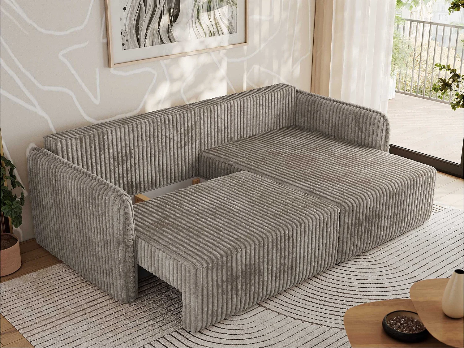 Ecksofa MESTO - Schlaffunktion und Bettkasten, L-form Couch für das Wohnzimmer, Armlehnen - Hellbraun Cord - Ecke Rechts