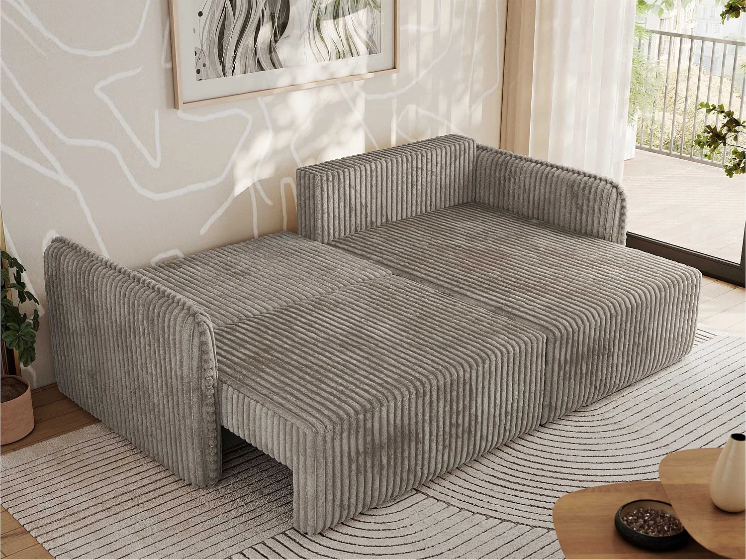 Ecksofa MESTO - Schlaffunktion und Bettkasten, L-form Couch für das Wohnzimmer, Armlehnen - Hellbraun Cord - Ecke Rechts