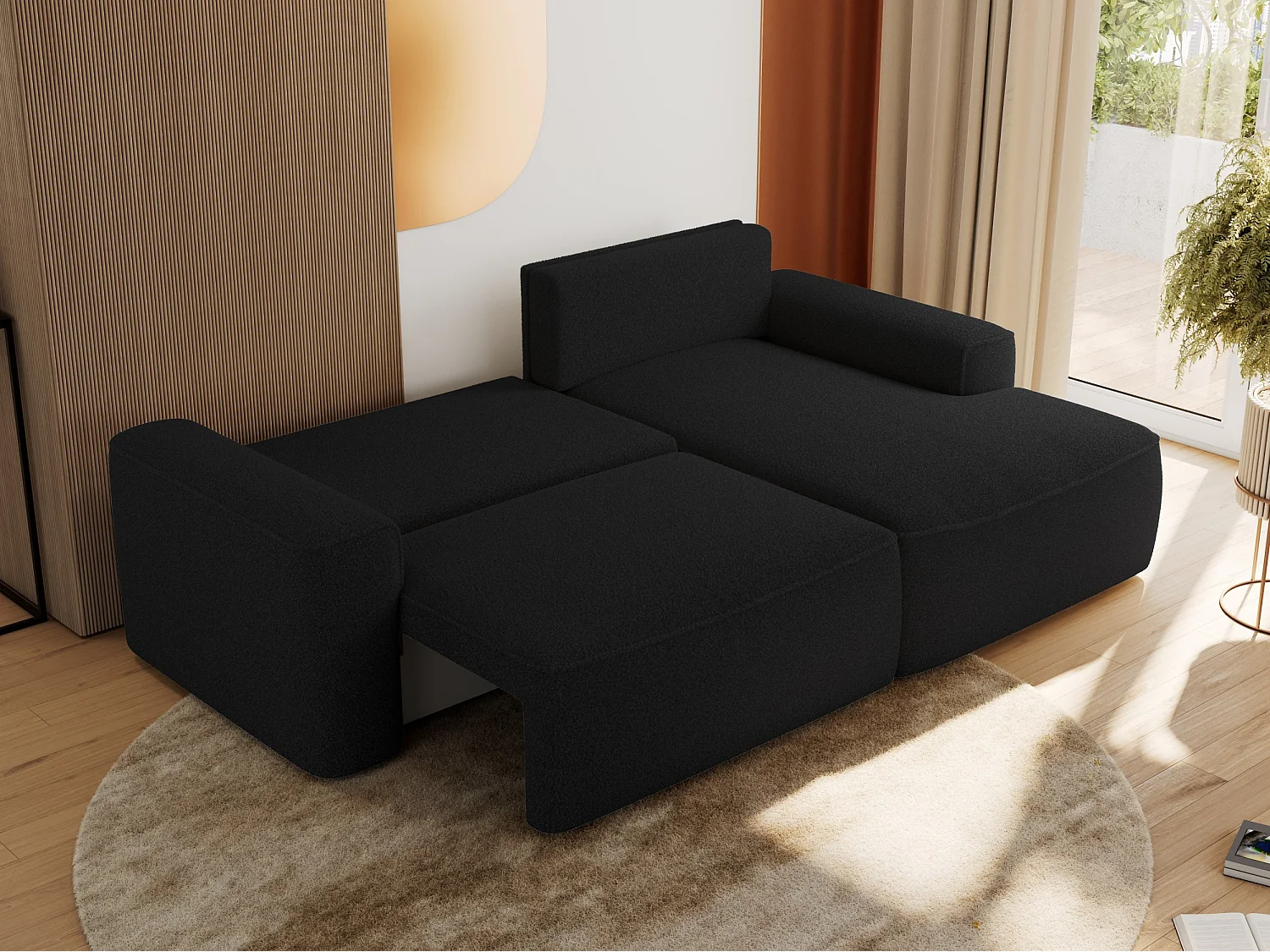 Ecksofa BELLUNO - Schlafsofa mit Bettkasten, Armlehnen, Couch L-form mit Schlaffunktion - Schwarz Boucle - Ecke Rechts