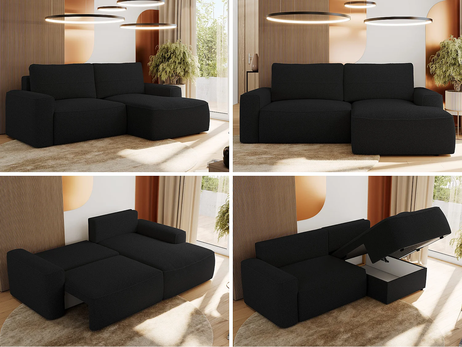 Ecksofa BELLUNO - Schlafsofa mit Bettkasten, Armlehnen, Couch L-form mit Schlaffunktion - Schwarz Boucle - Ecke Rechts