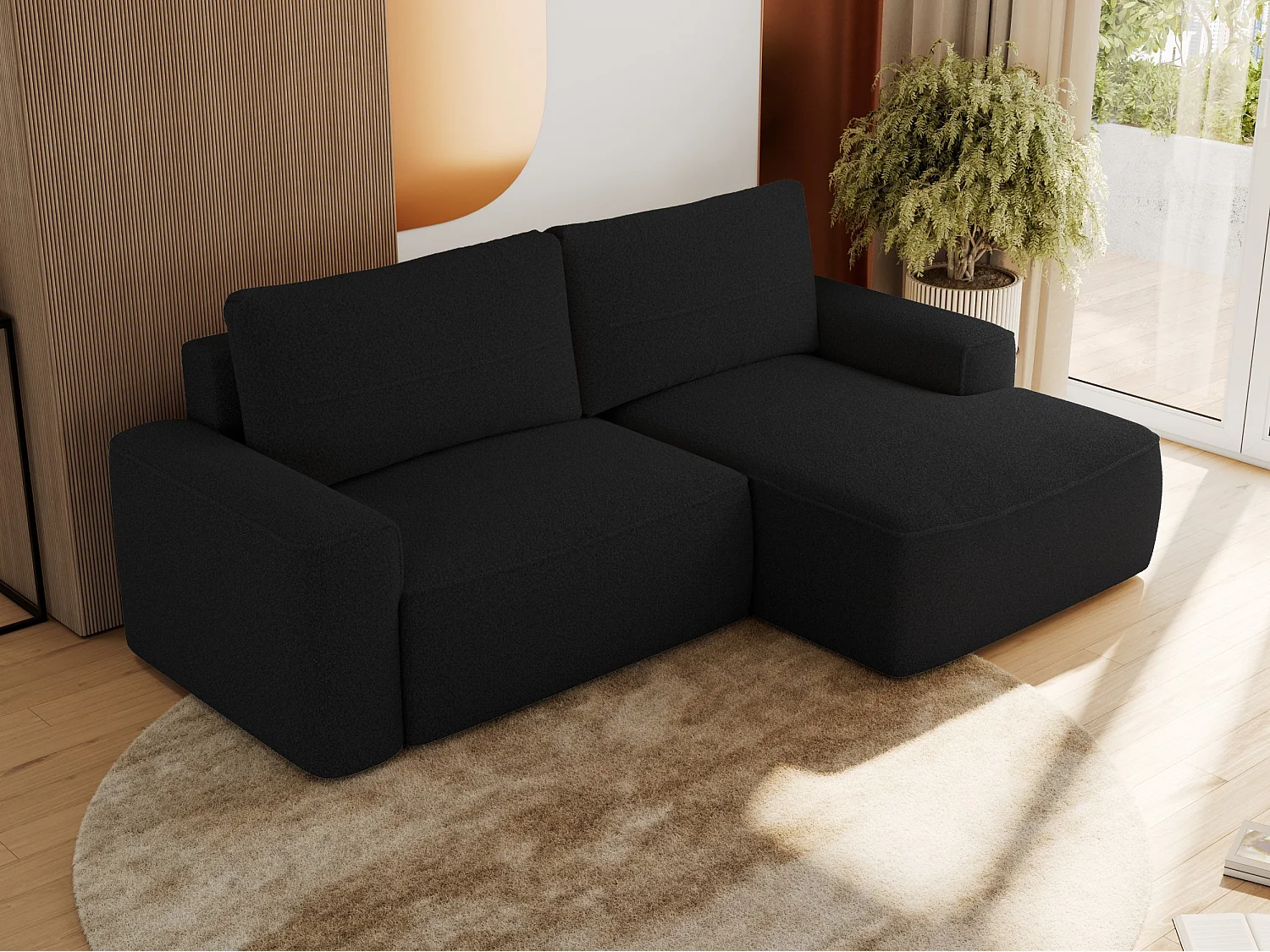 Ecksofa BELLUNO - Schlafsofa mit Bettkasten, Armlehnen, Couch L-form mit Schlaffunktion - Schwarz Boucle - Ecke Rechts