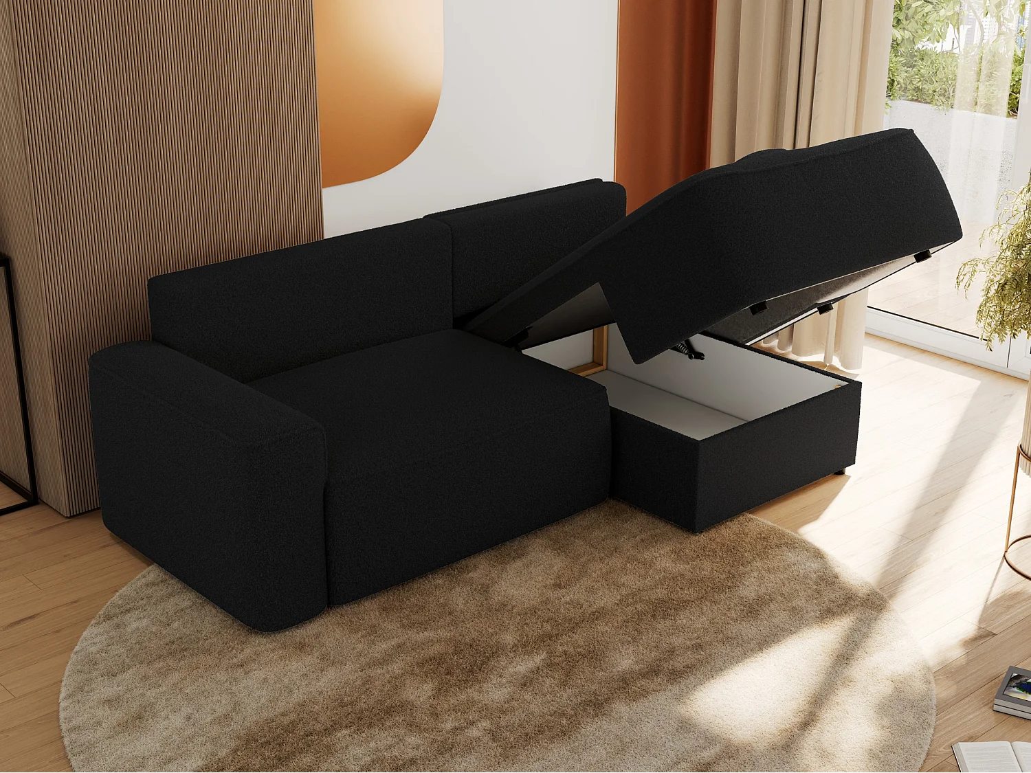 Ecksofa BELLUNO - Schlafsofa mit Bettkasten, Armlehnen, Couch L-form mit Schlaffunktion - Schwarz Boucle - Ecke Rechts