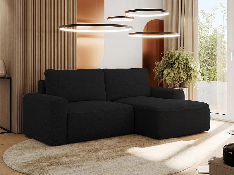 Ecksofa BELLUNO - Schlafsofa mit Bettkasten, Armlehnen, Couch L-form mit Schlaffunktion - Schwarz Boucle - Ecke Rechts