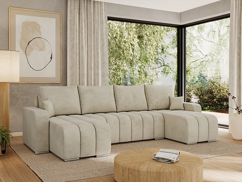 Ecksofa KIRASSO U - Wohnlandschaft, Schlaffunktion und Bettkasten, Couch U-form, lose Kissen - Beige Velvet