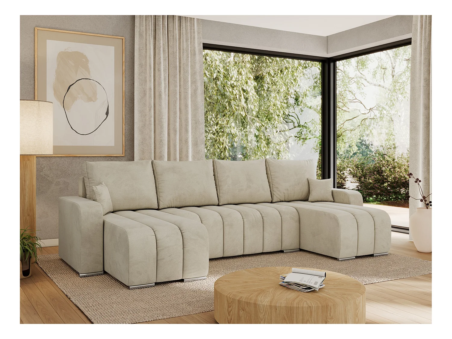 Ecksofa KIRASSO U - Wohnlandschaft, Schlaffunktion und Bettkasten, Couch U-form, lose Kissen - Beige Velvet
