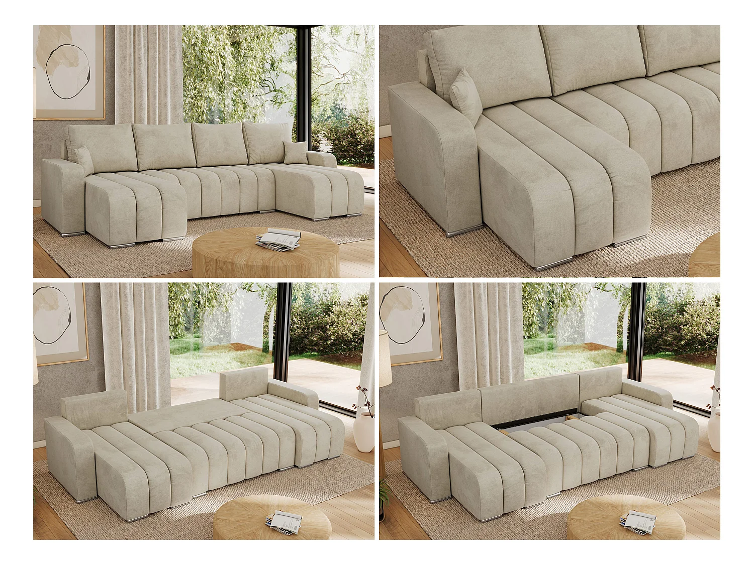 Ecksofa KIRASSO U - Wohnlandschaft, Schlaffunktion und Bettkasten, Couch U-form, lose Kissen - Beige Velvet