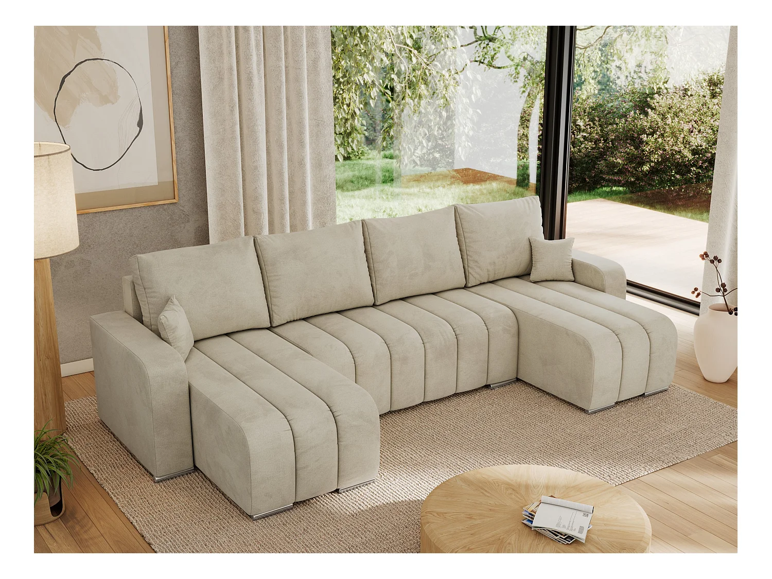 Ecksofa KIRASSO U - Wohnlandschaft, Schlaffunktion und Bettkasten, Couch U-form, lose Kissen - Beige Velvet