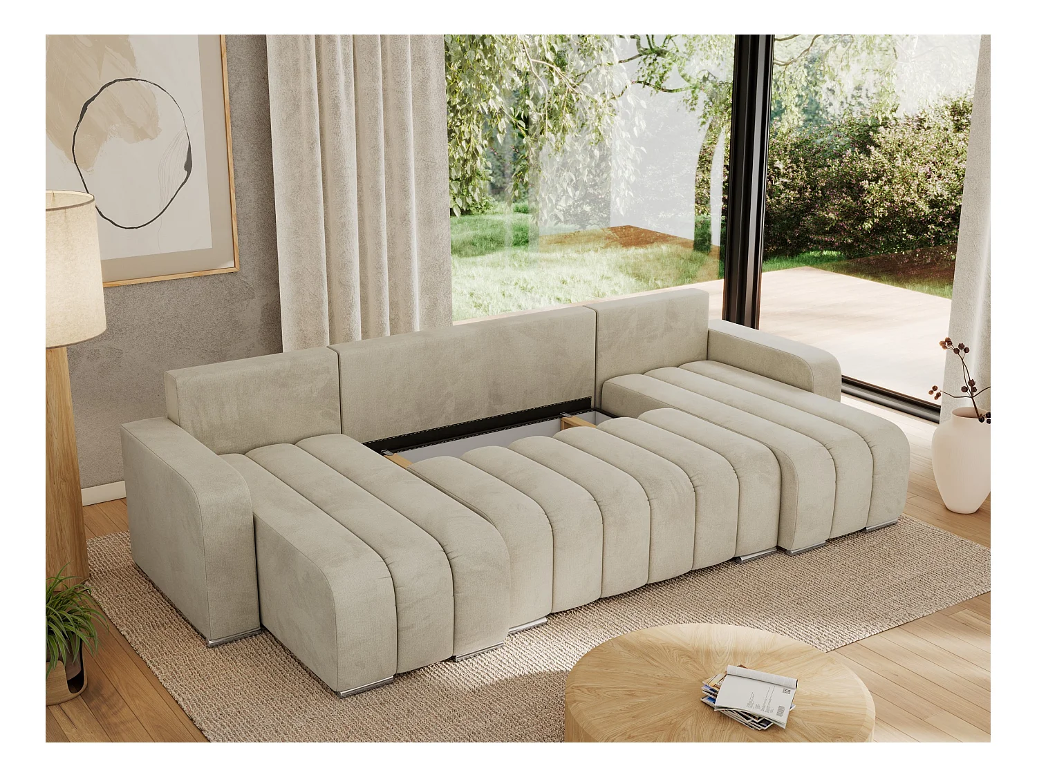 Ecksofa KIRASSO U - Wohnlandschaft, Schlaffunktion und Bettkasten, Couch U-form, lose Kissen - Beige Velvet