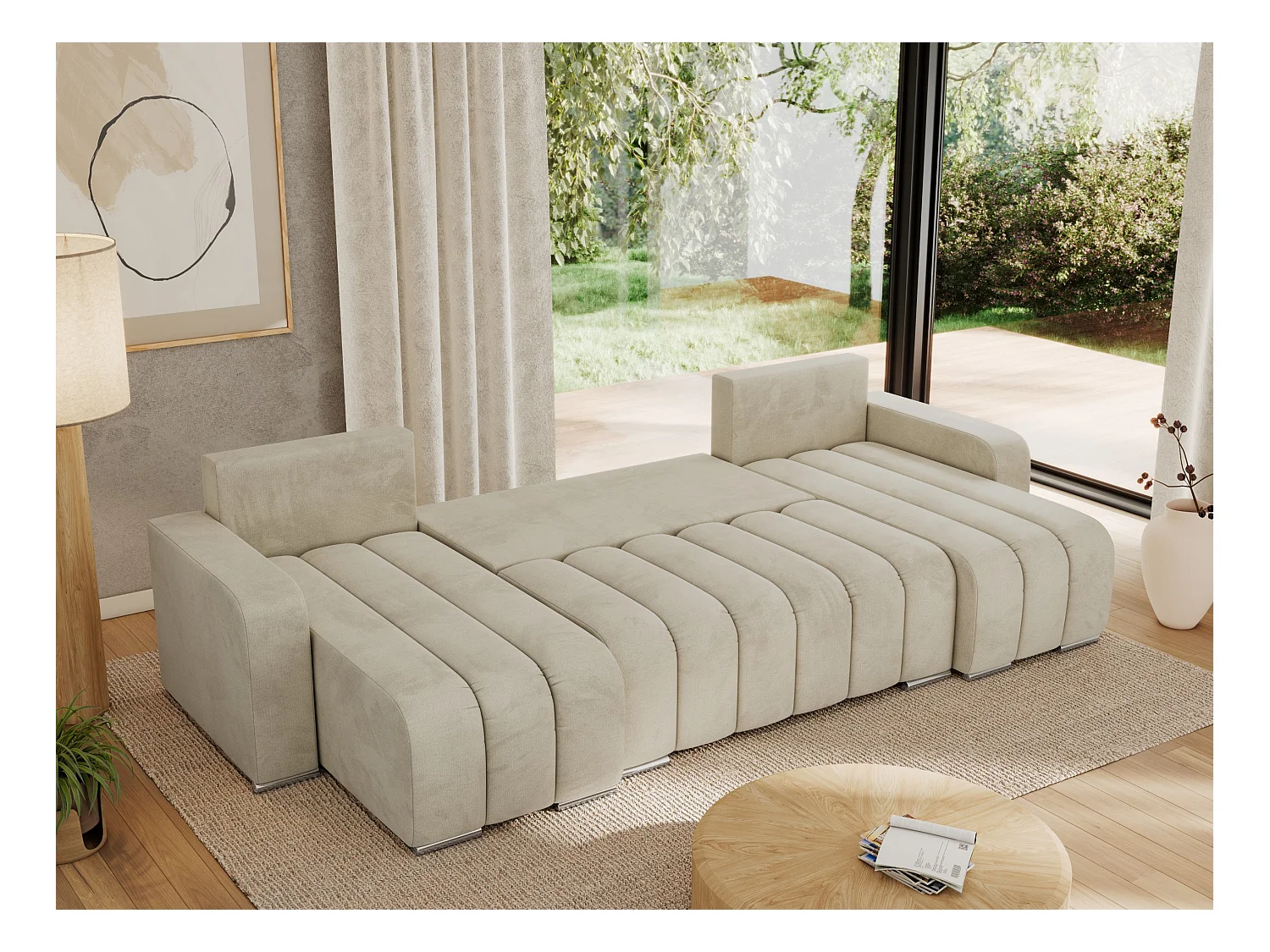 Ecksofa KIRASSO U - Wohnlandschaft, Schlaffunktion und Bettkasten, Couch U-form, lose Kissen - Beige Velvet