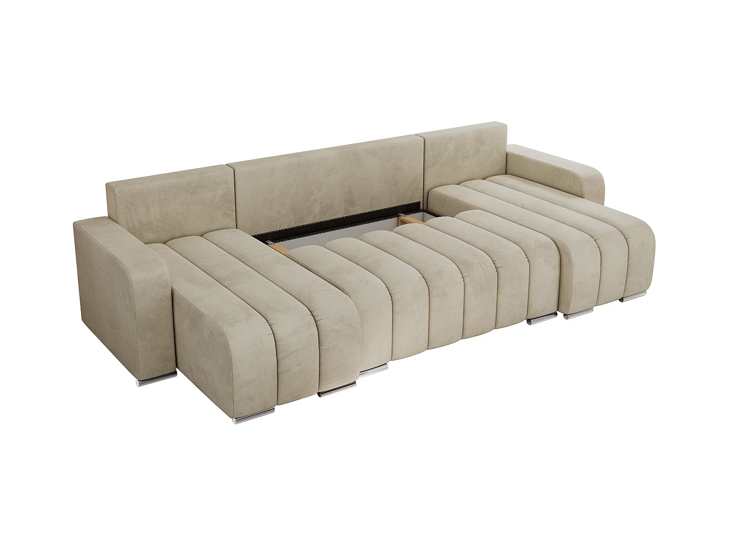 Ecksofa KIRASSO U - Wohnlandschaft, Schlaffunktion und Bettkasten, Couch U-form, lose Kissen - Beige Velvet