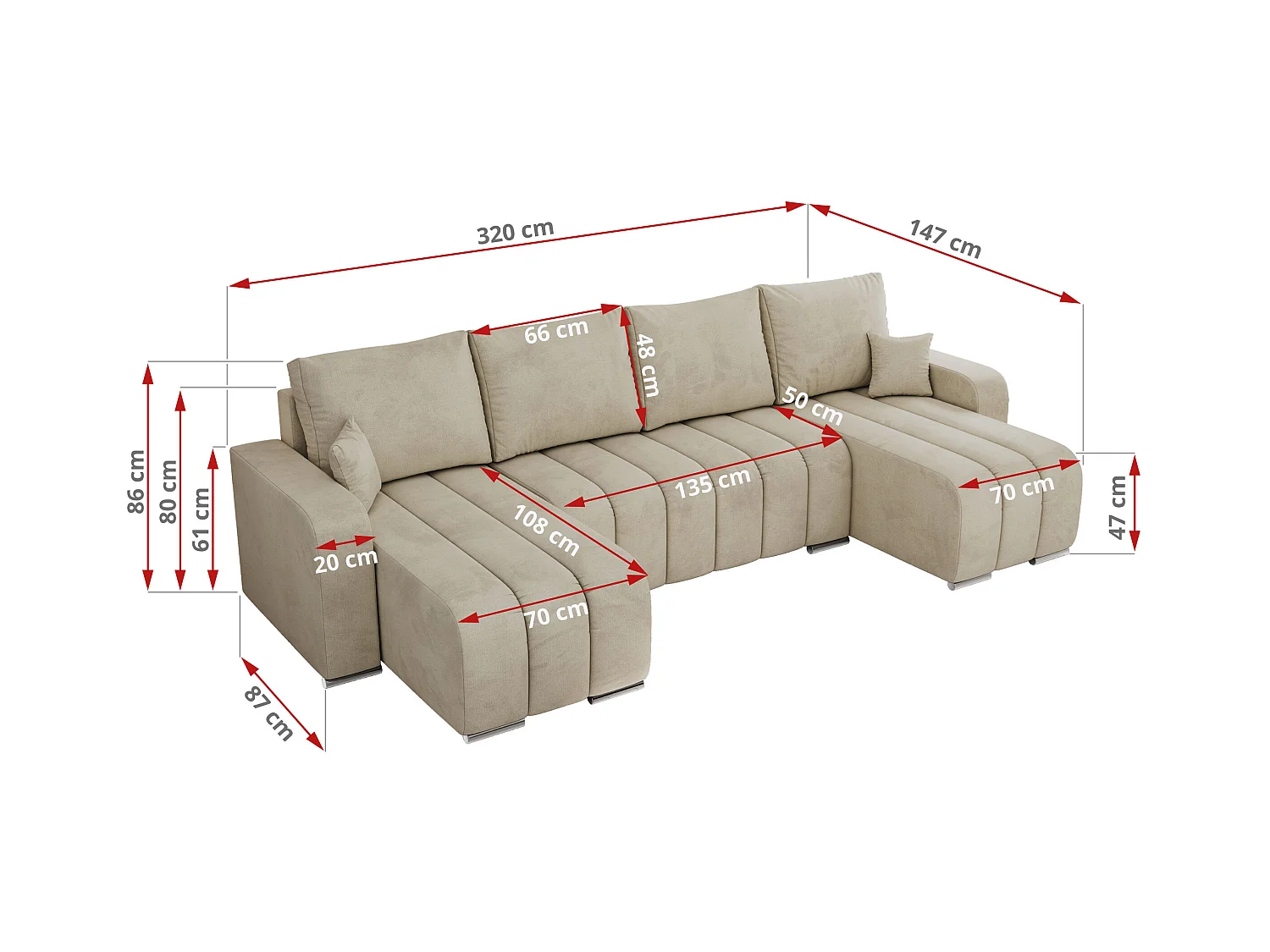 Ecksofa KIRASSO U - Wohnlandschaft, Schlaffunktion und Bettkasten, Couch U-form, lose Kissen - Beige Velvet