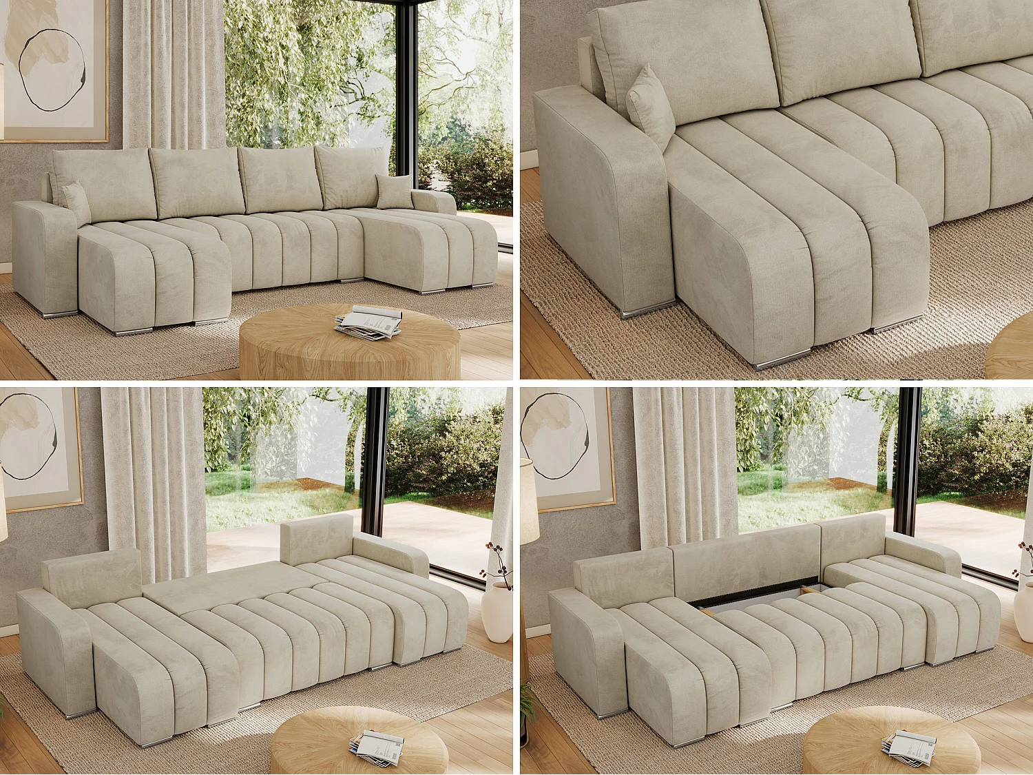 Ecksofa KIRASSO U - Wohnlandschaft, Schlaffunktion und Bettkasten, Couch U-form, lose Kissen - Beige Velvet
