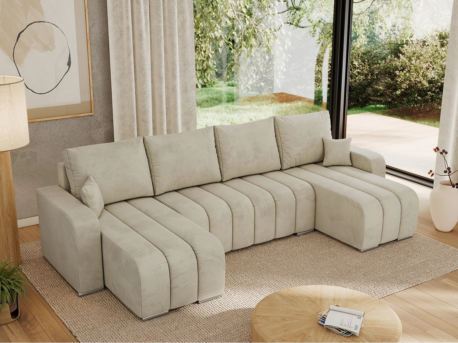 Ecksofa KIRASSO U - Wohnlandschaft, Schlaffunktion und Bettkasten, Couch U-form, lose Kissen - Beige Velvet