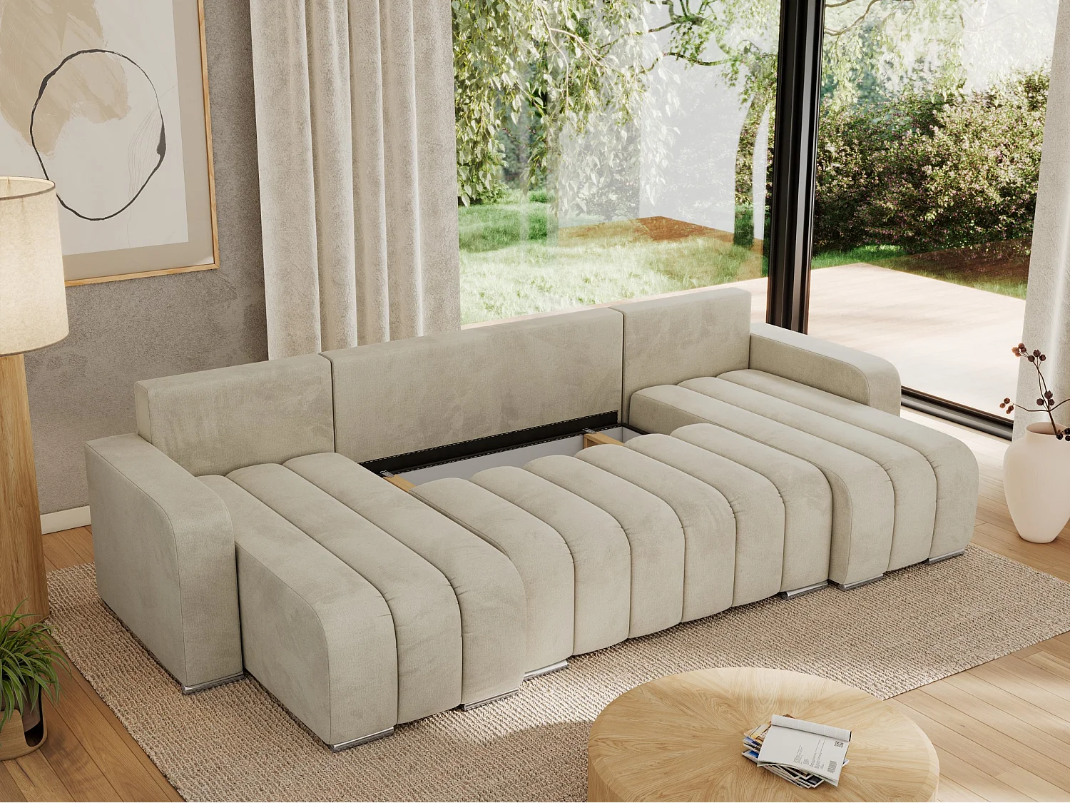 Ecksofa KIRASSO U - Wohnlandschaft, Schlaffunktion und Bettkasten, Couch U-form, lose Kissen - Beige Velvet