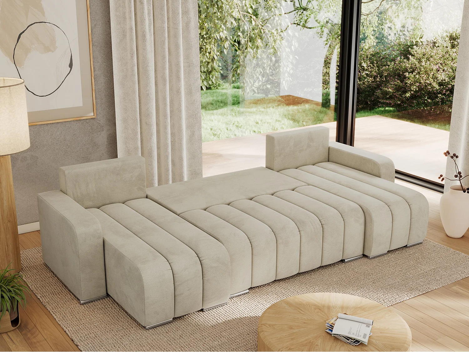 Ecksofa KIRASSO U - Wohnlandschaft, Schlaffunktion und Bettkasten, Couch U-form, lose Kissen - Beige Velvet