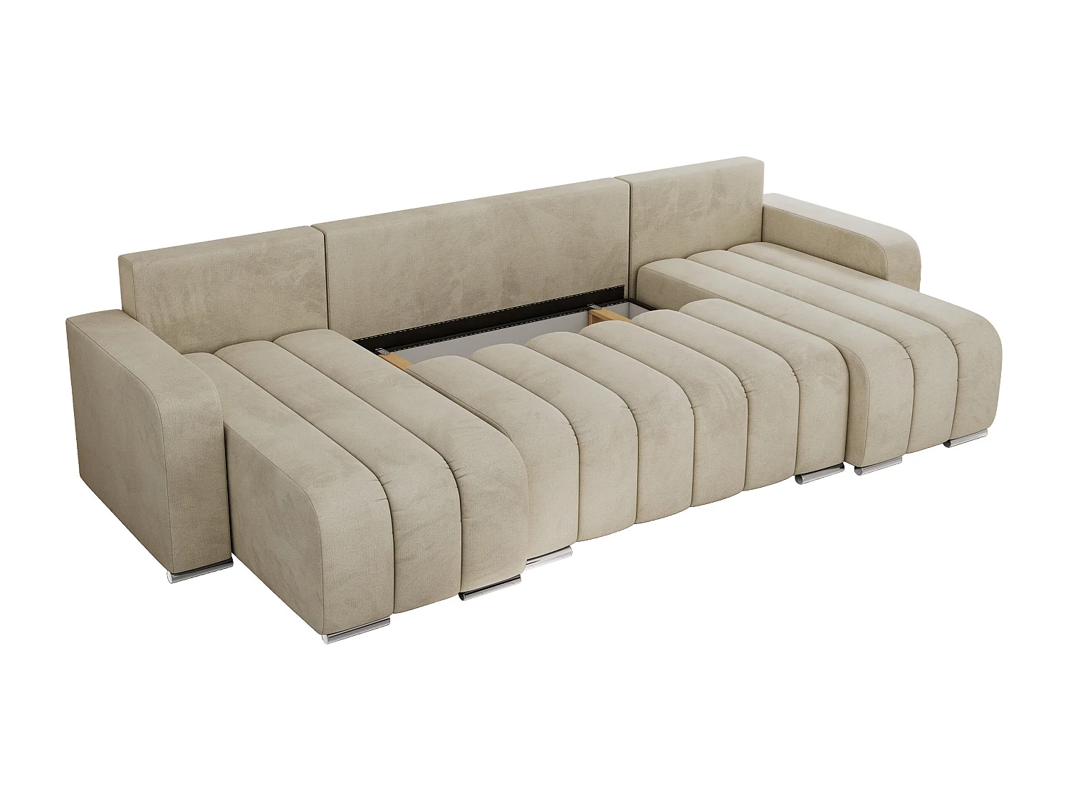 Ecksofa KIRASSO U - Wohnlandschaft, Schlaffunktion und Bettkasten, Couch U-form, lose Kissen - Beige Velvet