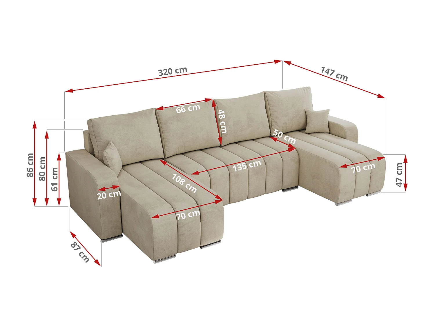 Ecksofa KIRASSO U - Wohnlandschaft, Schlaffunktion und Bettkasten, Couch U-form, lose Kissen - Beige Velvet