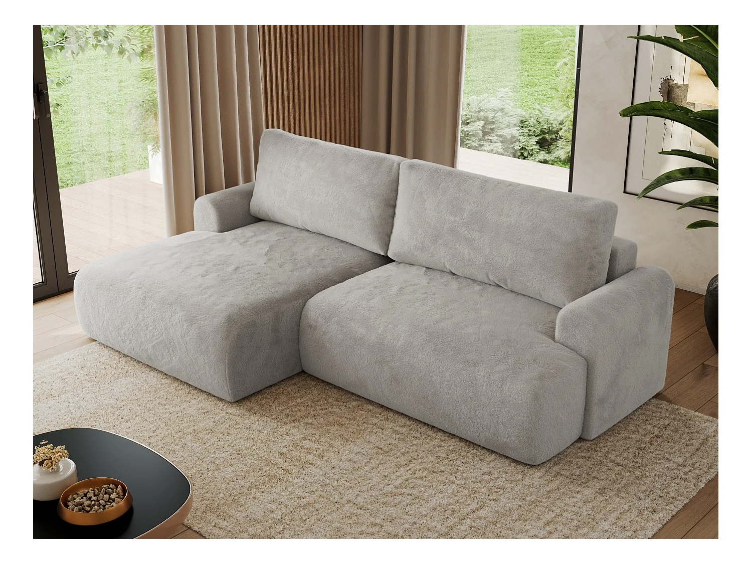 Ecksofa TONO - mit Schlaffunktion und Bettkasten, L-form Ecke, Armlehnen - Hellgrau Plüsch - Ecke Links