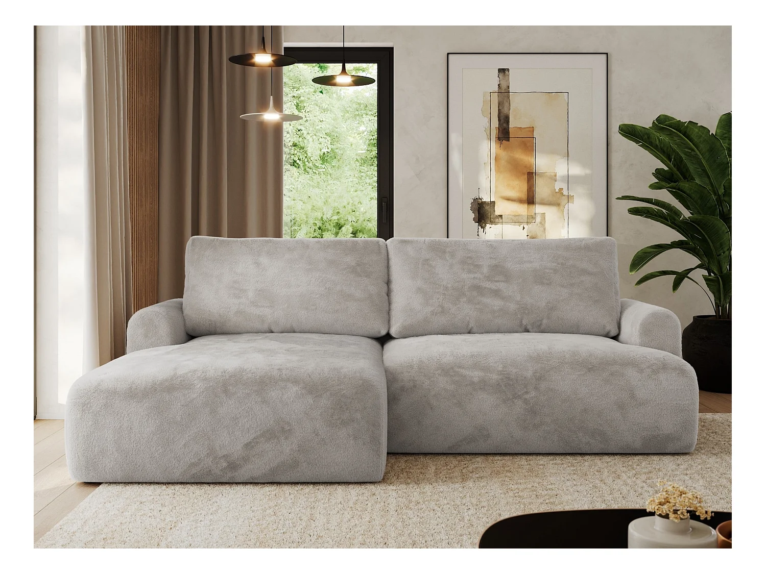 Ecksofa TONO - mit Schlaffunktion und Bettkasten, L-form Ecke, Armlehnen - Hellgrau Plüsch - Ecke Links