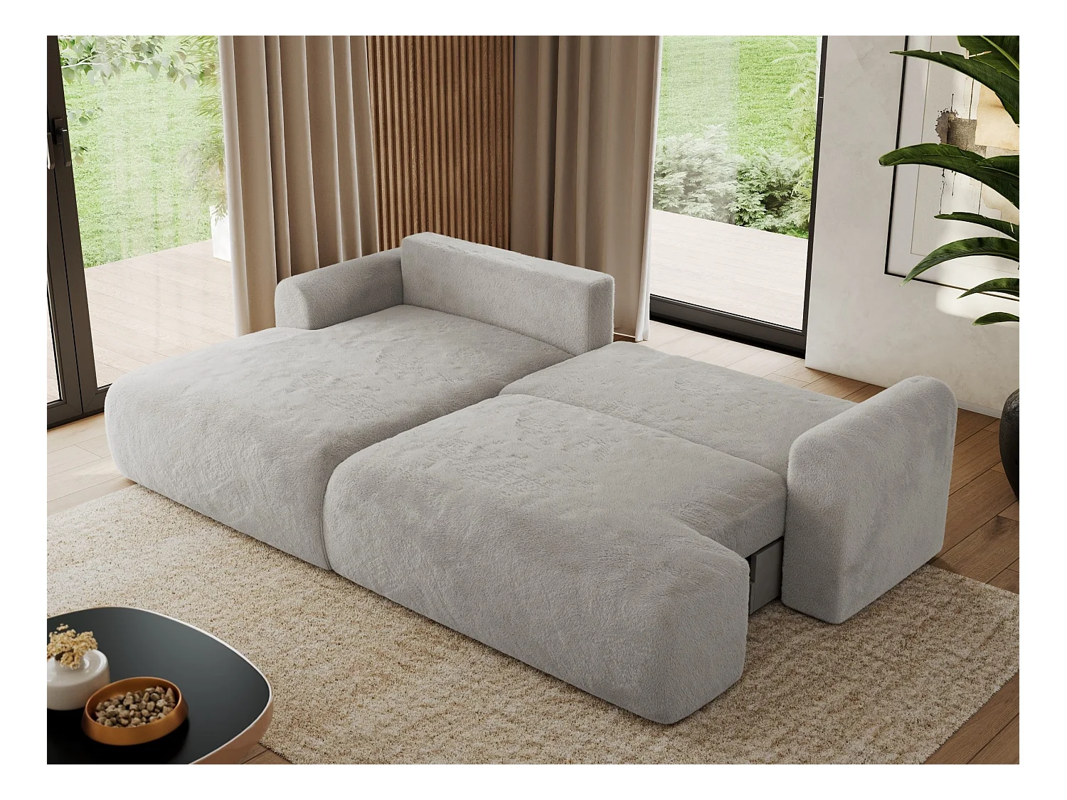 Ecksofa TONO - mit Schlaffunktion und Bettkasten, L-form Ecke, Armlehnen - Hellgrau Plüsch - Ecke Links