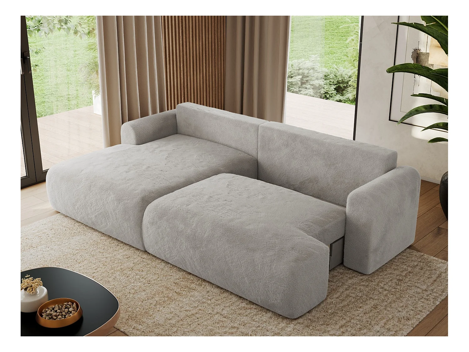 Ecksofa TONO - mit Schlaffunktion und Bettkasten, L-form Ecke, Armlehnen - Hellgrau Plüsch - Ecke Links