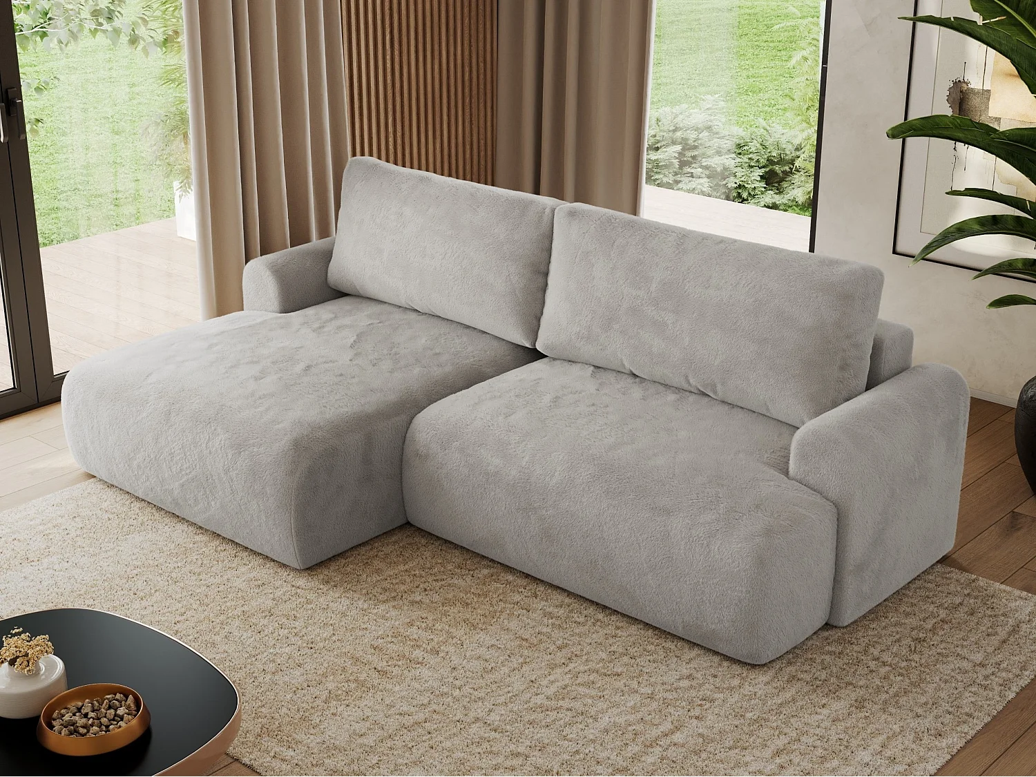 Ecksofa TONO - mit Schlaffunktion und Bettkasten, L-form Ecke, Armlehnen - Hellgrau Plüsch - Ecke Links
