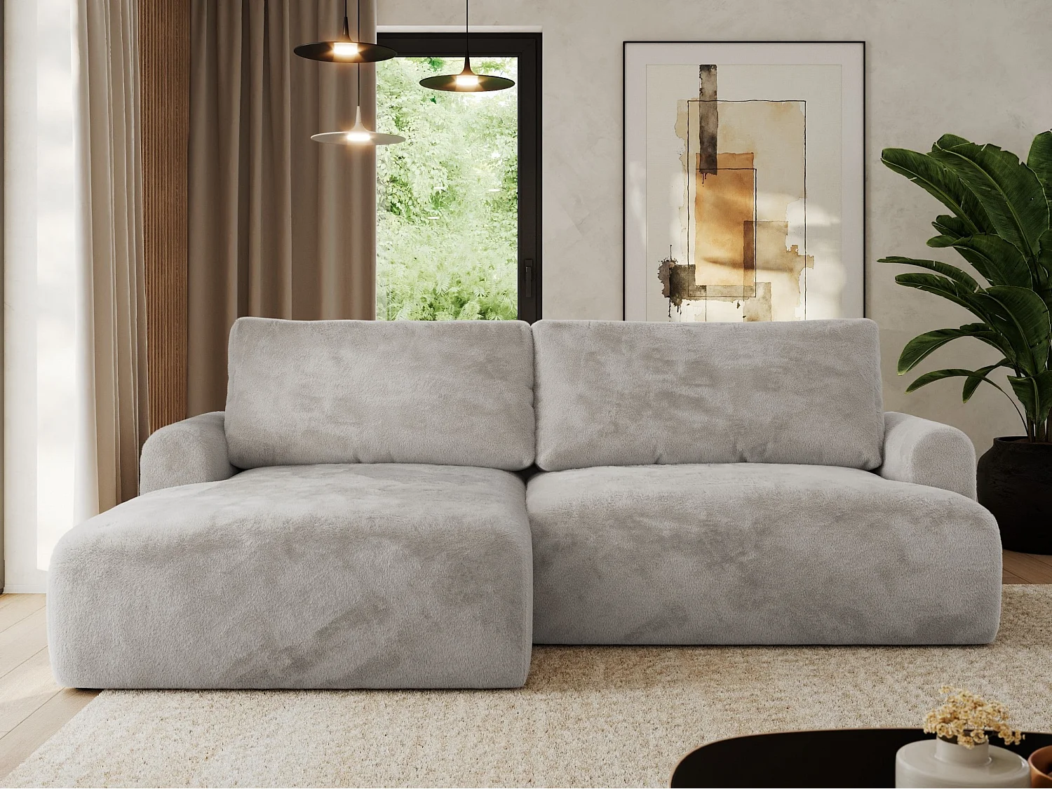 Ecksofa TONO - mit Schlaffunktion und Bettkasten, L-form Ecke, Armlehnen - Hellgrau Plüsch - Ecke Links