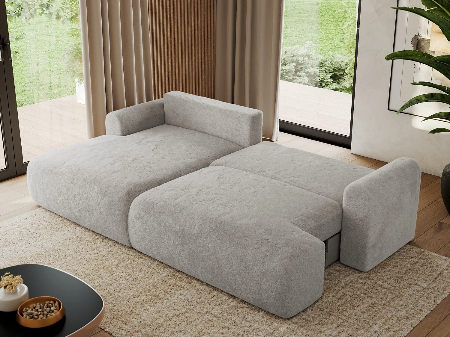Ecksofa TONO - mit Schlaffunktion und Bettkasten, L-form Ecke, Armlehnen - Hellgrau Plüsch - Ecke Links