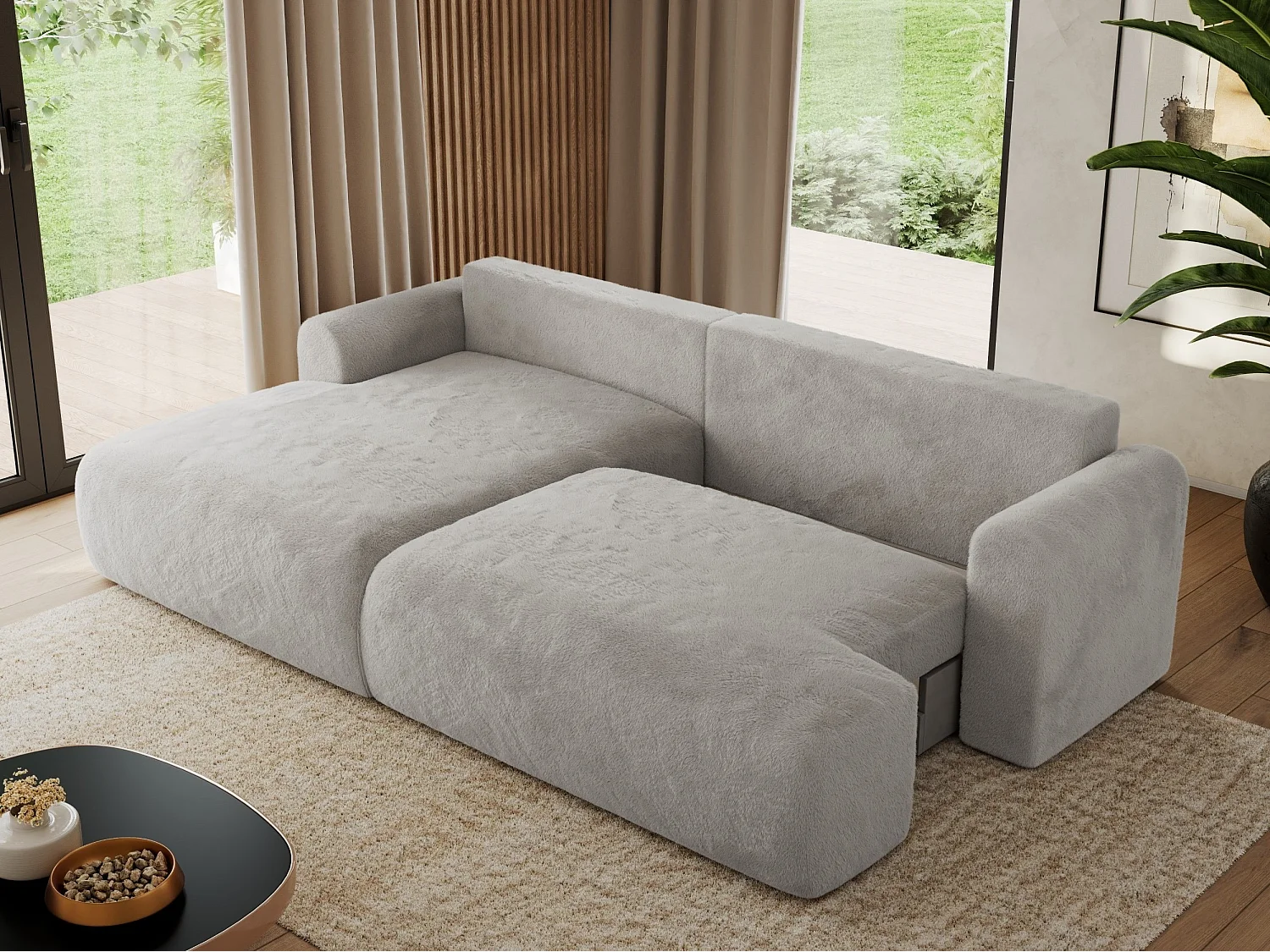 Ecksofa TONO - mit Schlaffunktion und Bettkasten, L-form Ecke, Armlehnen - Hellgrau Plüsch - Ecke Links