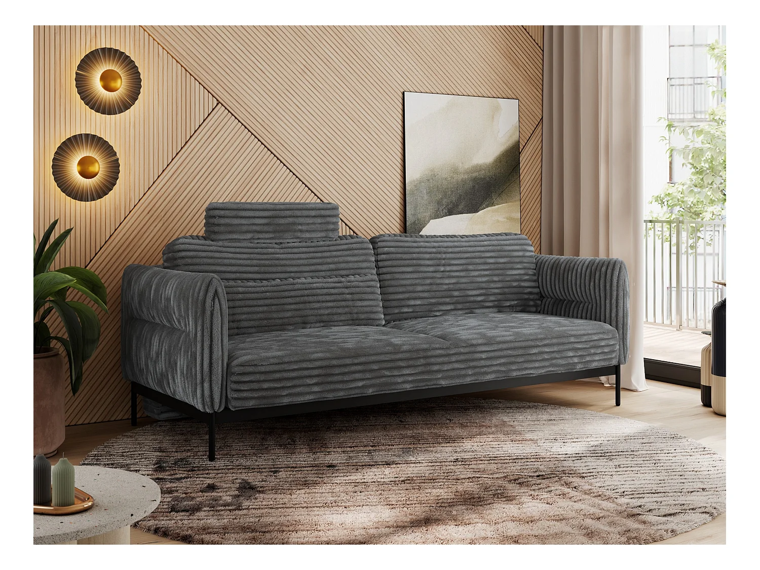 Sofa SALENTO - 3-Sitzer mit Metallbeine, mobile Kopfstütze, Schlafsofa mit lose Kissen - Dunkelgrau Cord