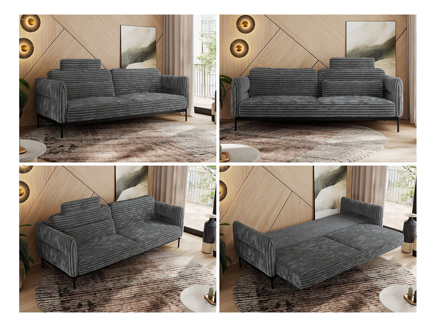 Sofa SALENTO - 3-Sitzer mit Metallbeine, mobile Kopfstütze, Schlafsofa mit lose Kissen - Dunkelgrau Cord