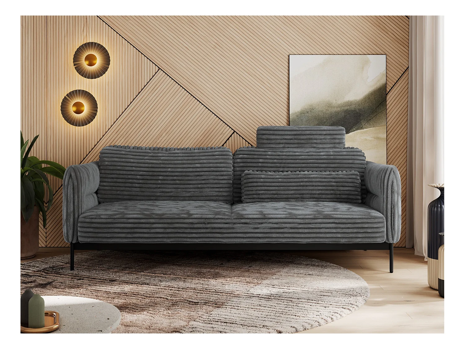 Sofa SALENTO - 3-Sitzer mit Metallbeine, mobile Kopfstütze, Schlafsofa mit lose Kissen - Dunkelgrau Cord