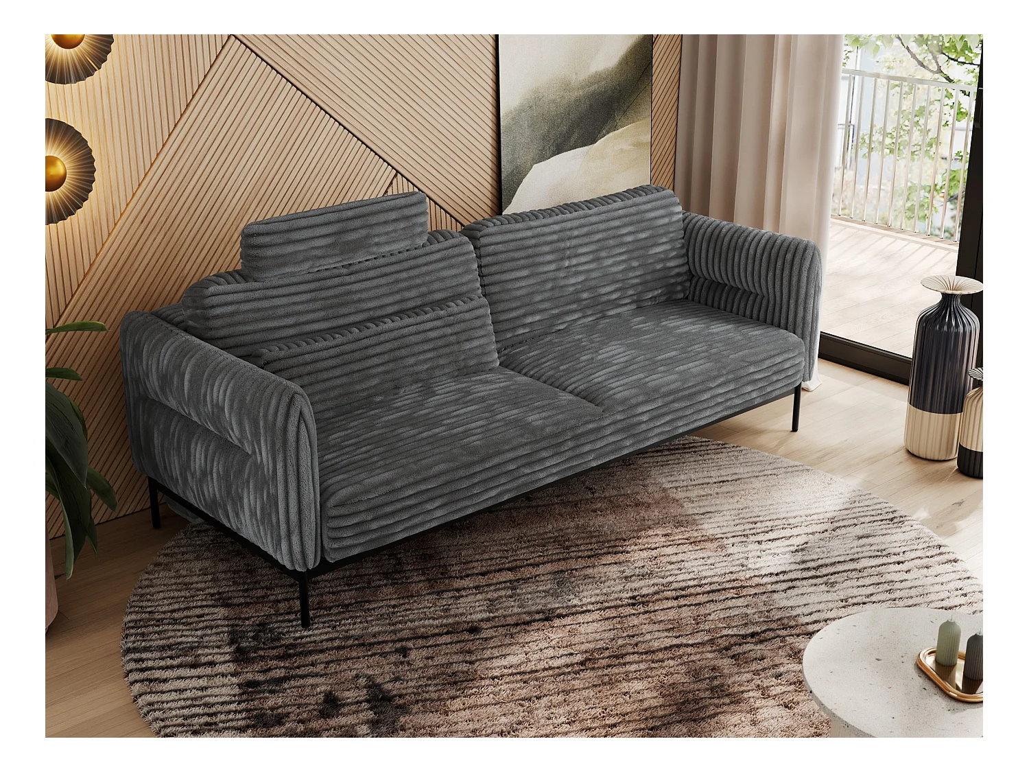 Sofa SALENTO - 3-Sitzer mit Metallbeine, mobile Kopfstütze, Schlafsofa mit lose Kissen - Dunkelgrau Cord