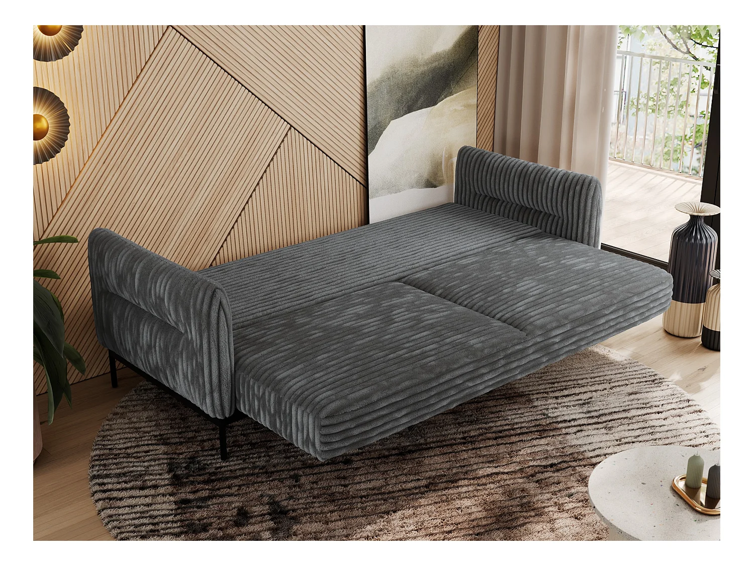 Sofa SALENTO - 3-Sitzer mit Metallbeine, mobile Kopfstütze, Schlafsofa mit lose Kissen - Dunkelgrau Cord