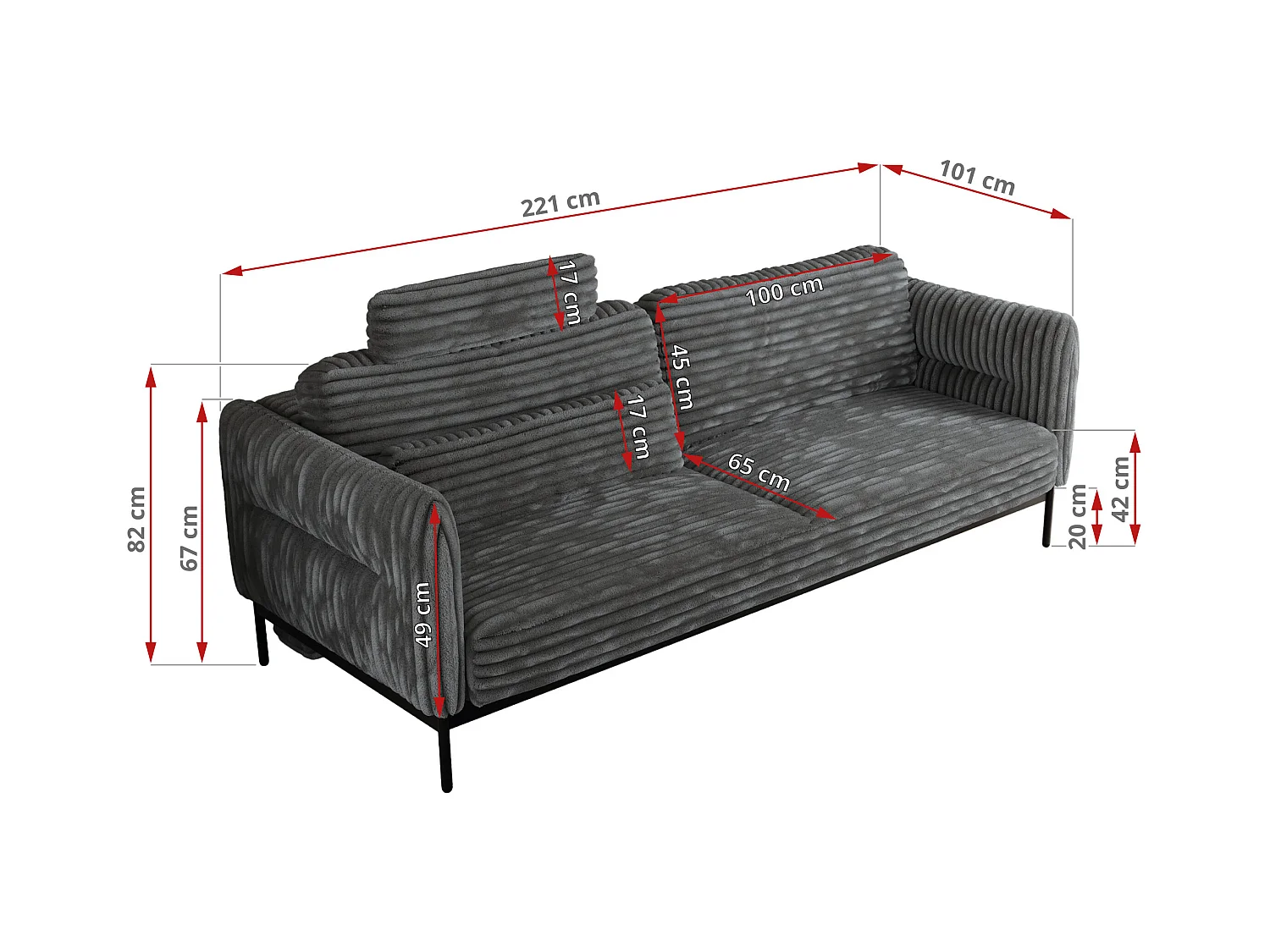 Sofa SALENTO - 3-Sitzer mit Metallbeine, mobile Kopfstütze, Schlafsofa mit lose Kissen - Dunkelgrau Cord