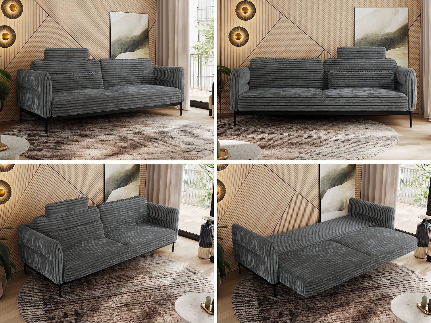 Sofa SALENTO - 3-Sitzer mit Metallbeine, mobile Kopfstütze, Schlafsofa mit lose Kissen - Dunkelgrau Cord