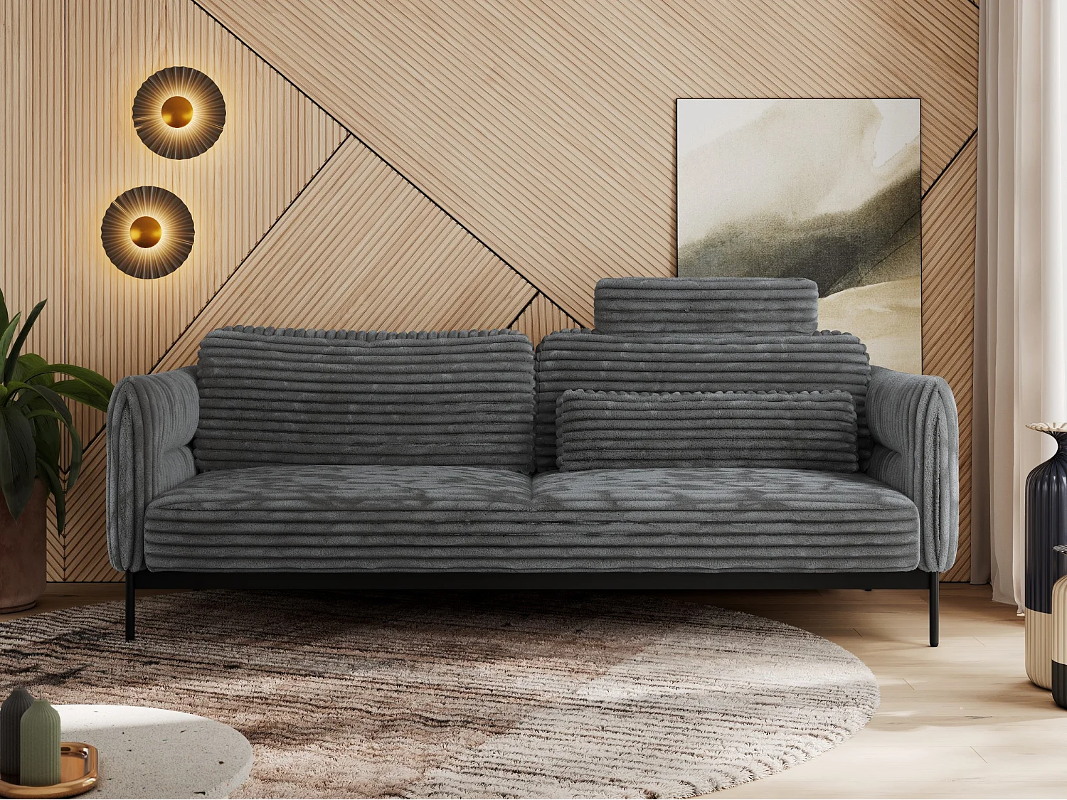 Sofa SALENTO - 3-Sitzer mit Metallbeine, mobile Kopfstütze, Schlafsofa mit lose Kissen - Dunkelgrau Cord