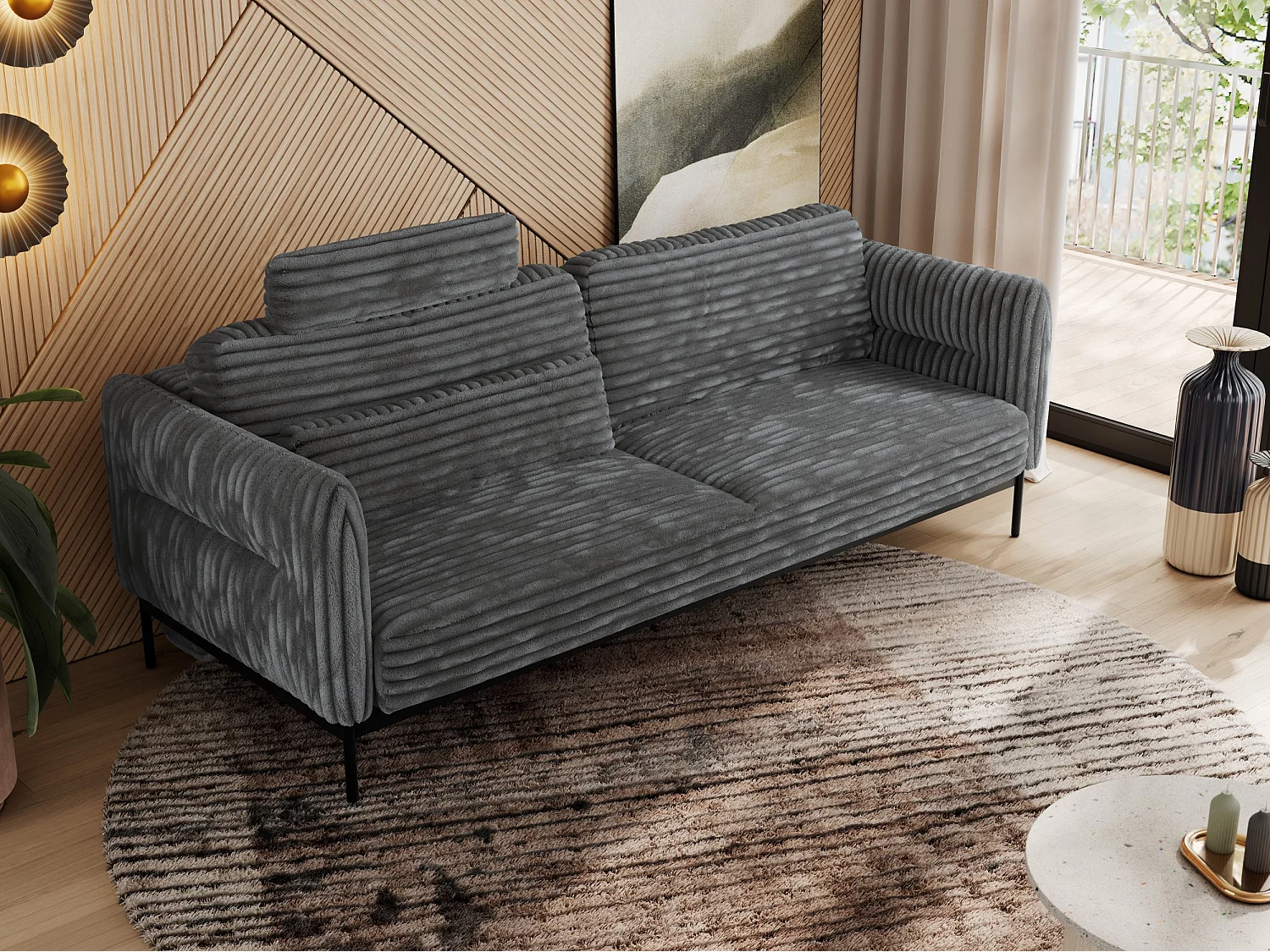 Sofa SALENTO - 3-Sitzer mit Metallbeine, mobile Kopfstütze, Schlafsofa mit lose Kissen - Dunkelgrau Cord