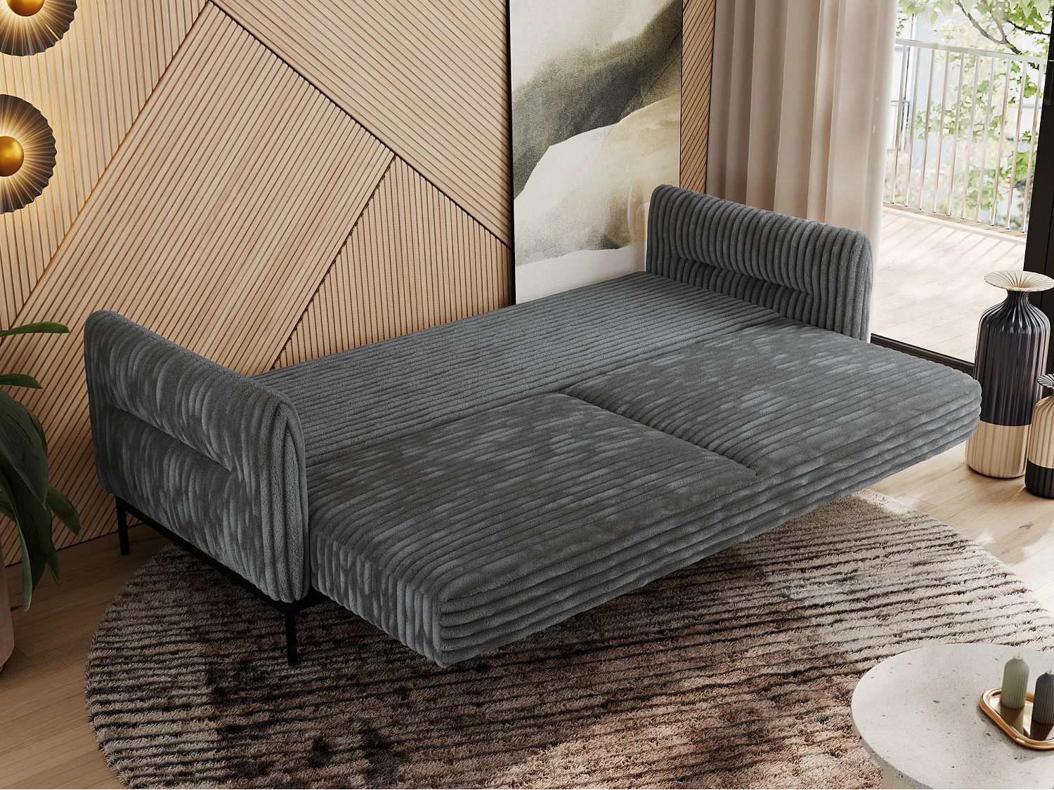 Sofa SALENTO - 3-Sitzer mit Metallbeine, mobile Kopfstütze, Schlafsofa mit lose Kissen - Dunkelgrau Cord